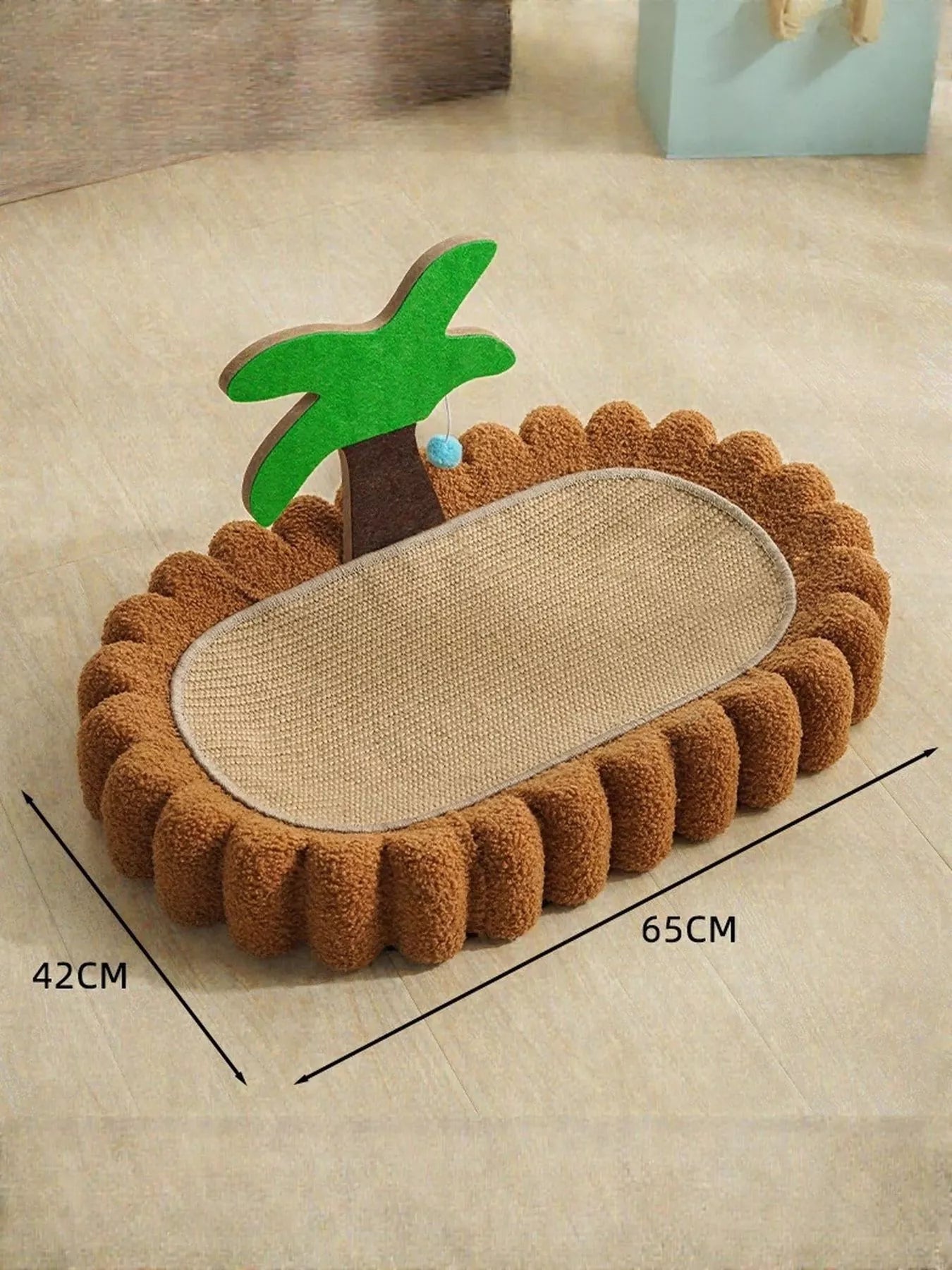 Caramel Soft Cat Scratching Post Bed with oval sisal scratching surface, 42cm x 65cm