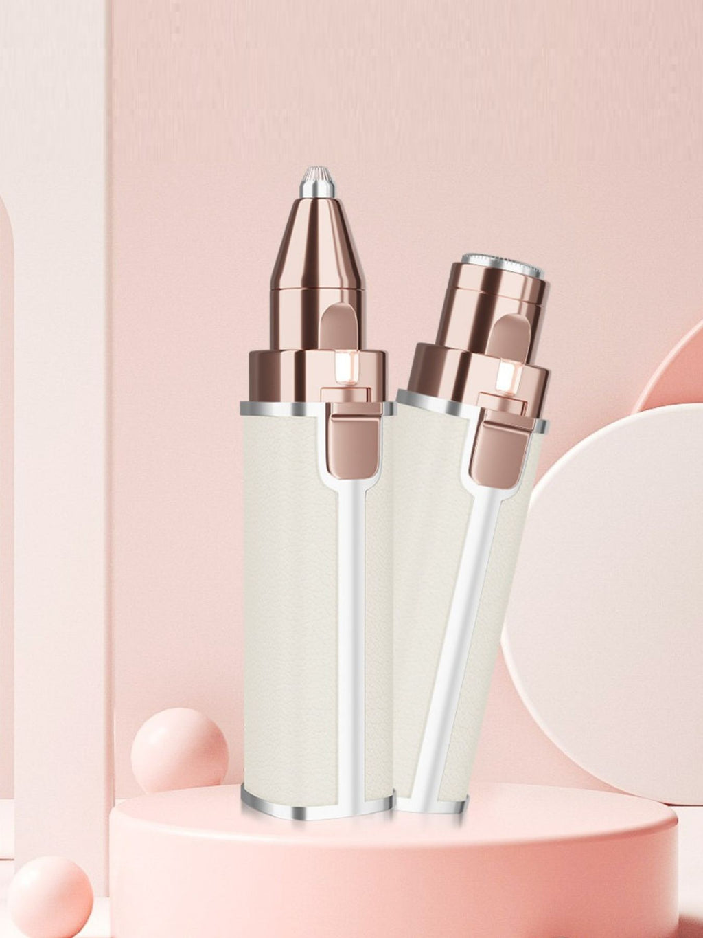 Portable eyebrow trimmer (Beige) with metal cone head and white grip