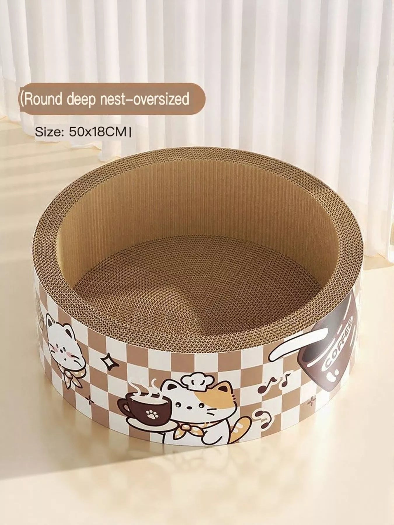 Round cat scratching lounge bed, deep nest oversize, size 50x18cm, cartoon border