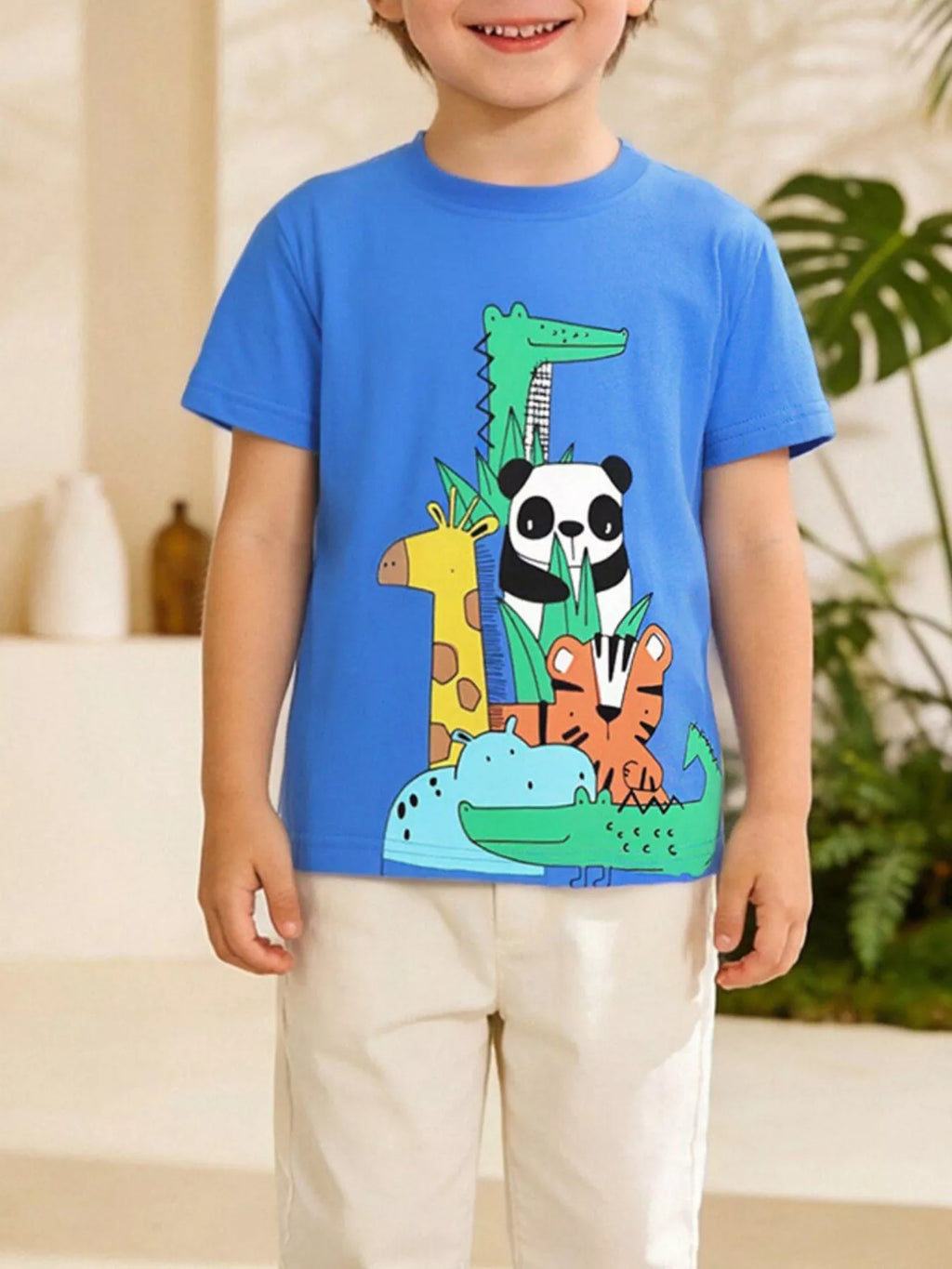 Blue kids animal-print crew neck T-shirt with panda and jungle graphic