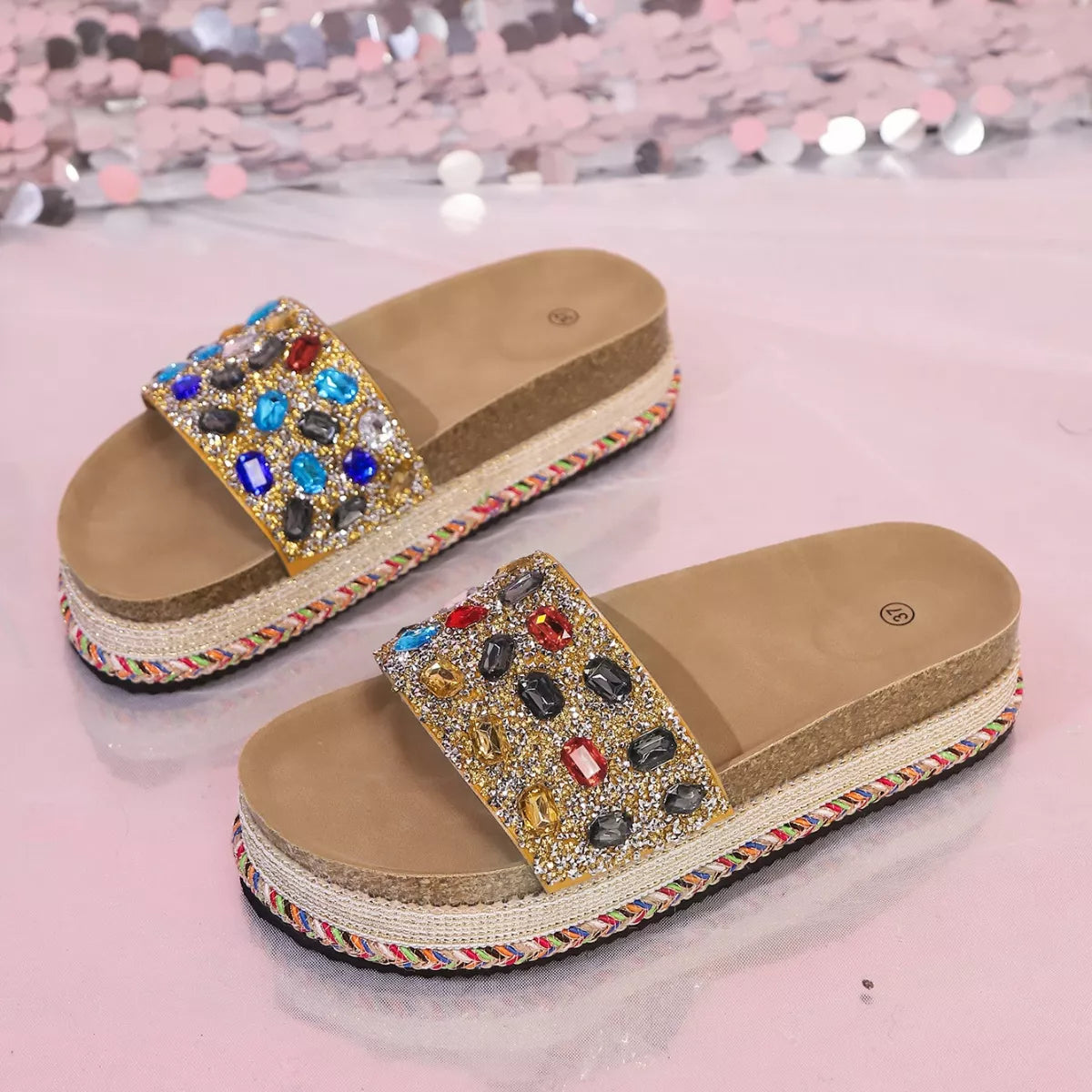 Rhinestone platform sandals pair view with multicolor gemmed straps