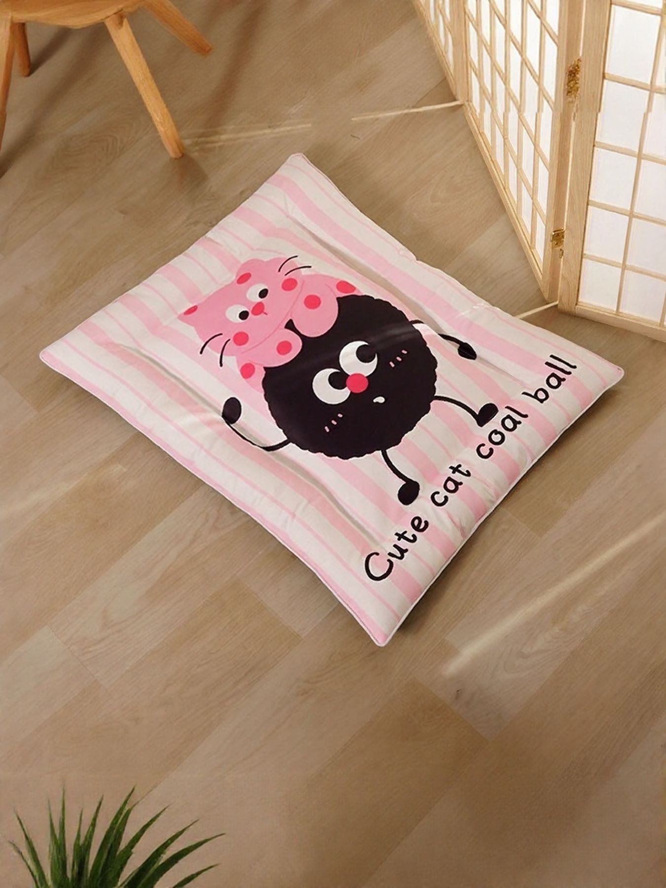 Cat Striped Pet Mat & Bed with pink-and-white stripes and bold cat graphic