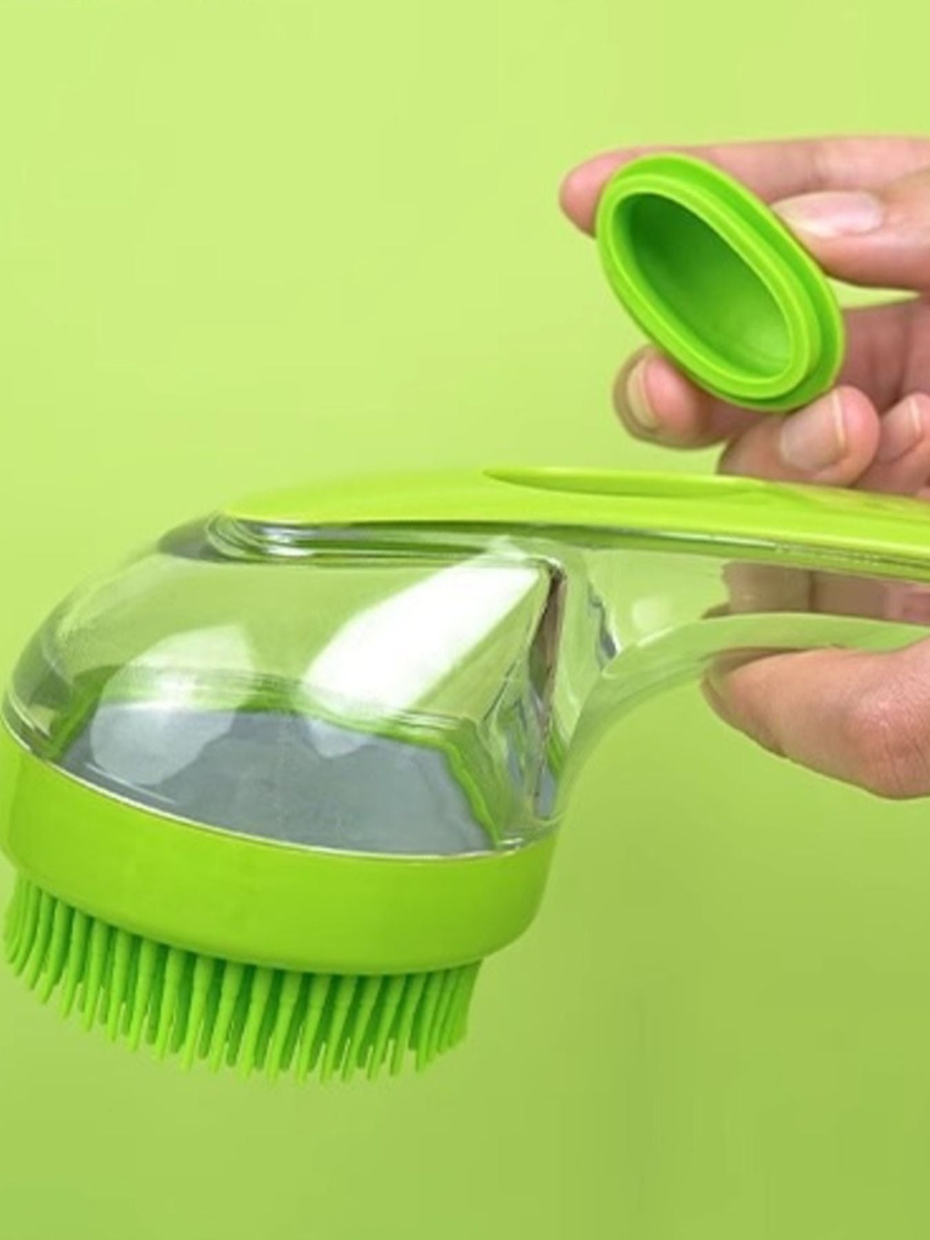 Lime green Soft Pet Shower Brush with flip-open cap and clear reservoir
