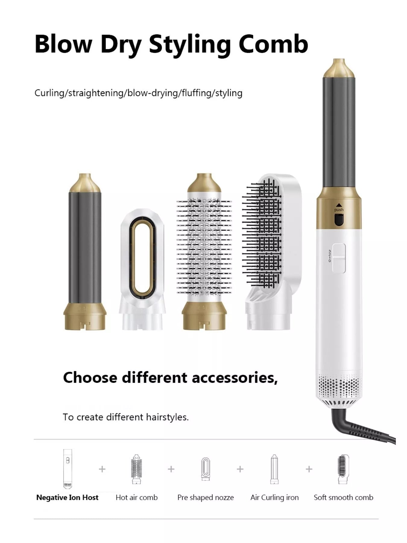 5-in-1 blow-dry styling comb set: hot air brush with multiple snap-on barrel attachments