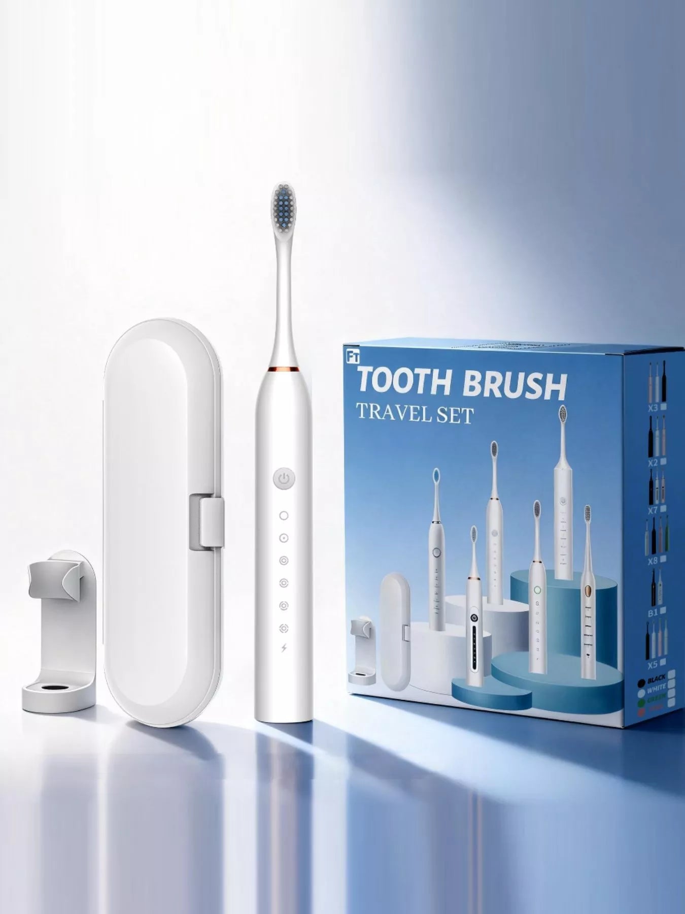 White electric toothbrush with travel set packaging box and accessories