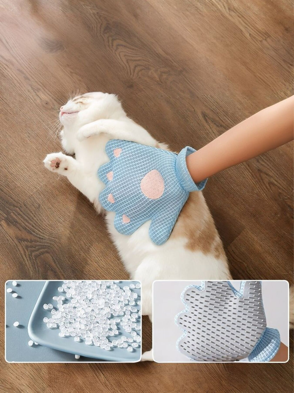 Blue bear pet hair remover glove on cat, paw-shaped bristle surface