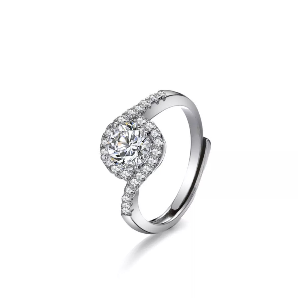 1-carat 925 sterling silver moissanite ring, round halo and pavé band