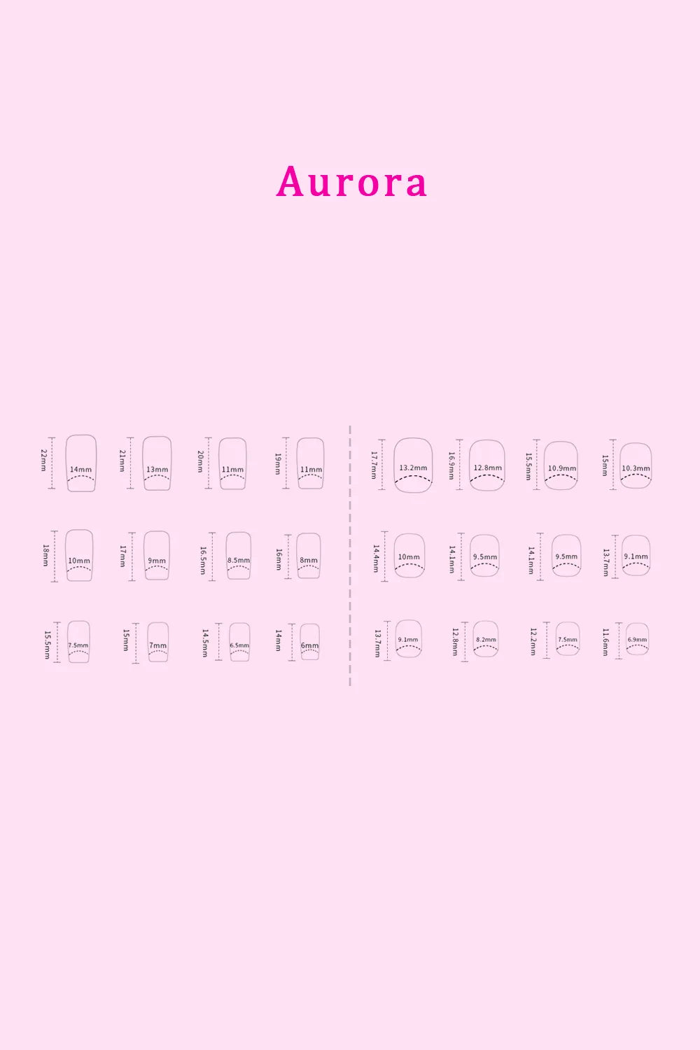 Aurora nail press sizing chart with multiple lengths and widths
