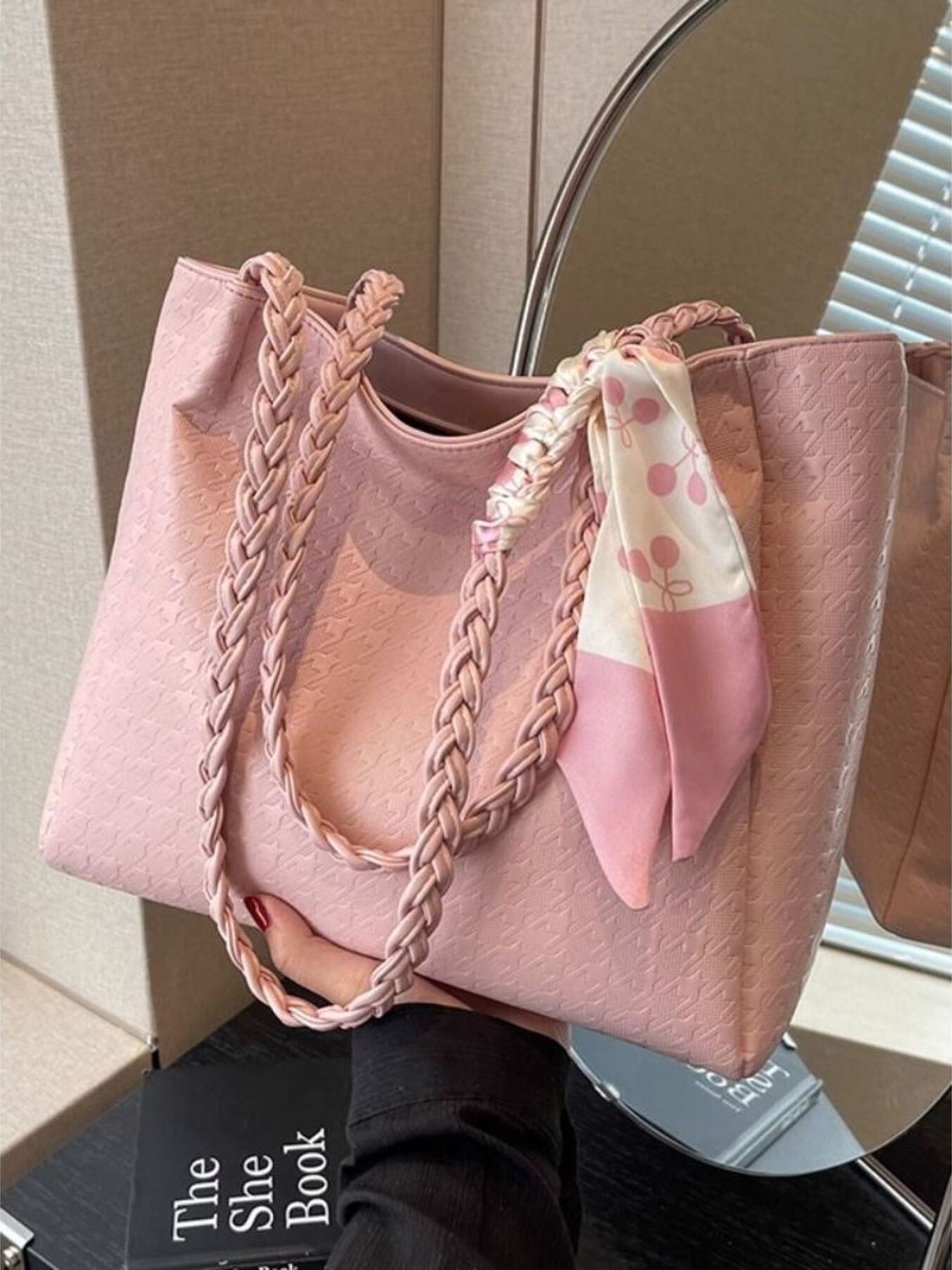 Blush pink braided handle tote bag with matching polka-dot ribbon bow