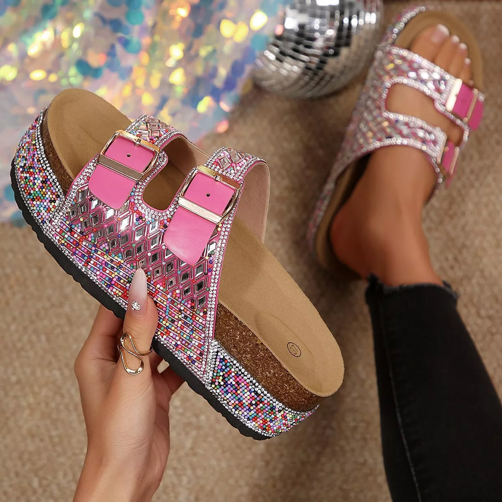 Rhinestone double-buckle sandals with multicolor beaded straps and platform sole
