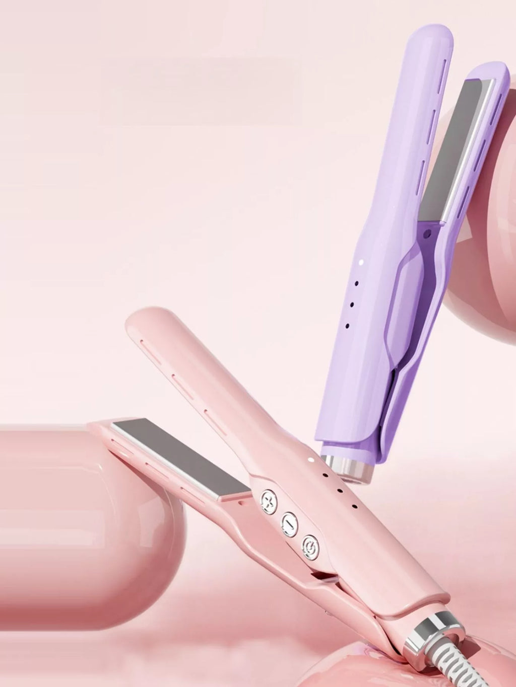 Lavender ceramic hair straightener with dual heated plates and control buttons