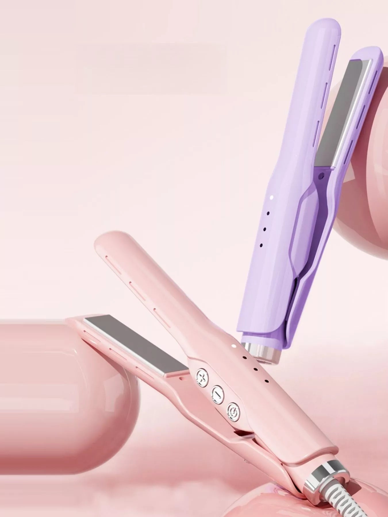 Lavender ceramic hair straightener with dual heated plates and control buttons