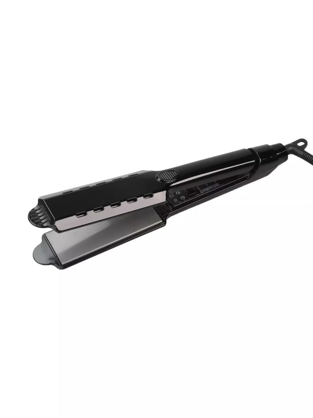 Black hair straightener with long titanium plates and multi-function control area