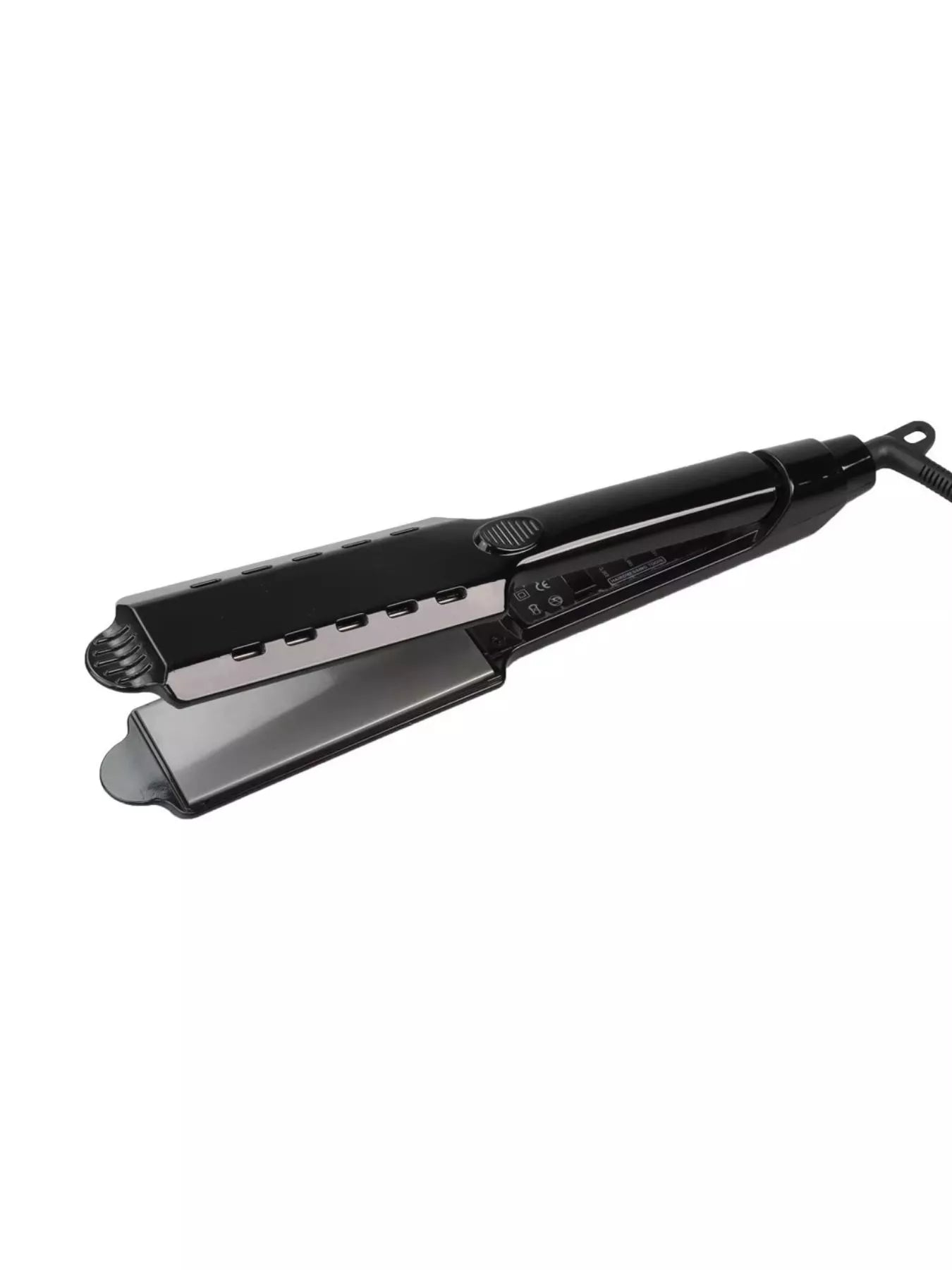 Black hair straightener with long titanium plates and multi-function control area