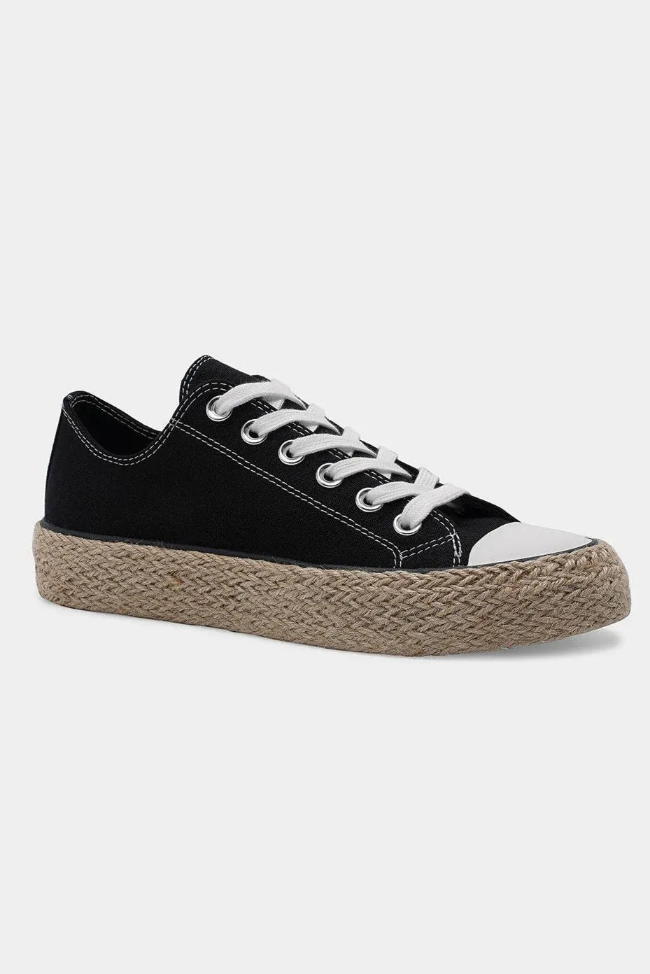 Black lace-up sneaker with woven espadrille platform sole, white laces