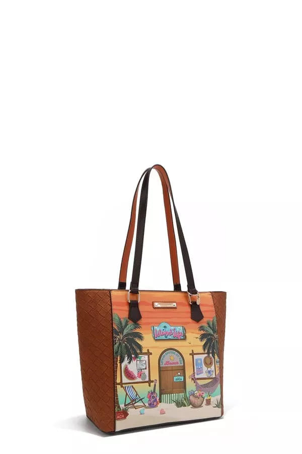 Sun and Sand tote bag with illustrated beach-town scene and palm tree border