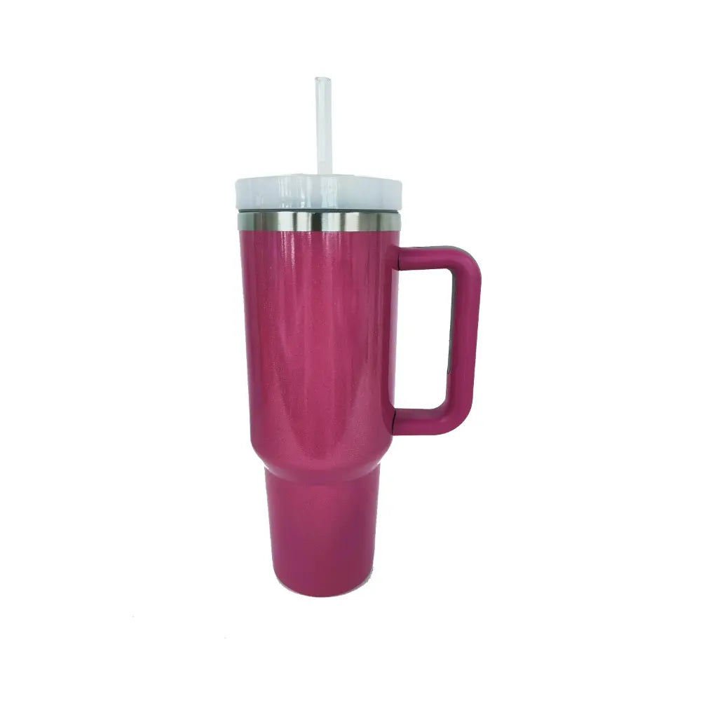 Hot pink stainless steel tumbler with handle and straw, silver lid