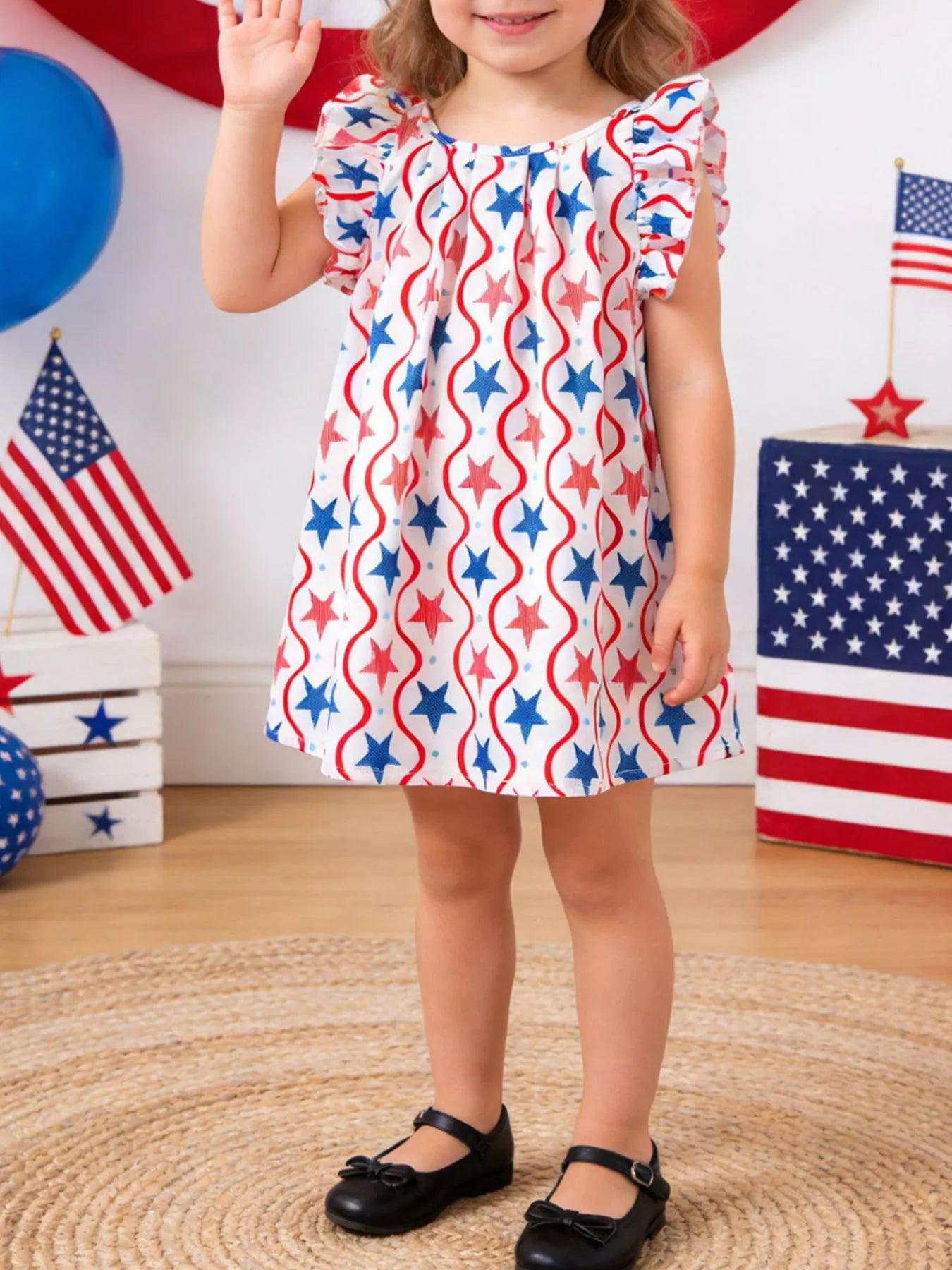 Kids patriotic star-print ruffle-sleeve dress, red white blue swirls on white