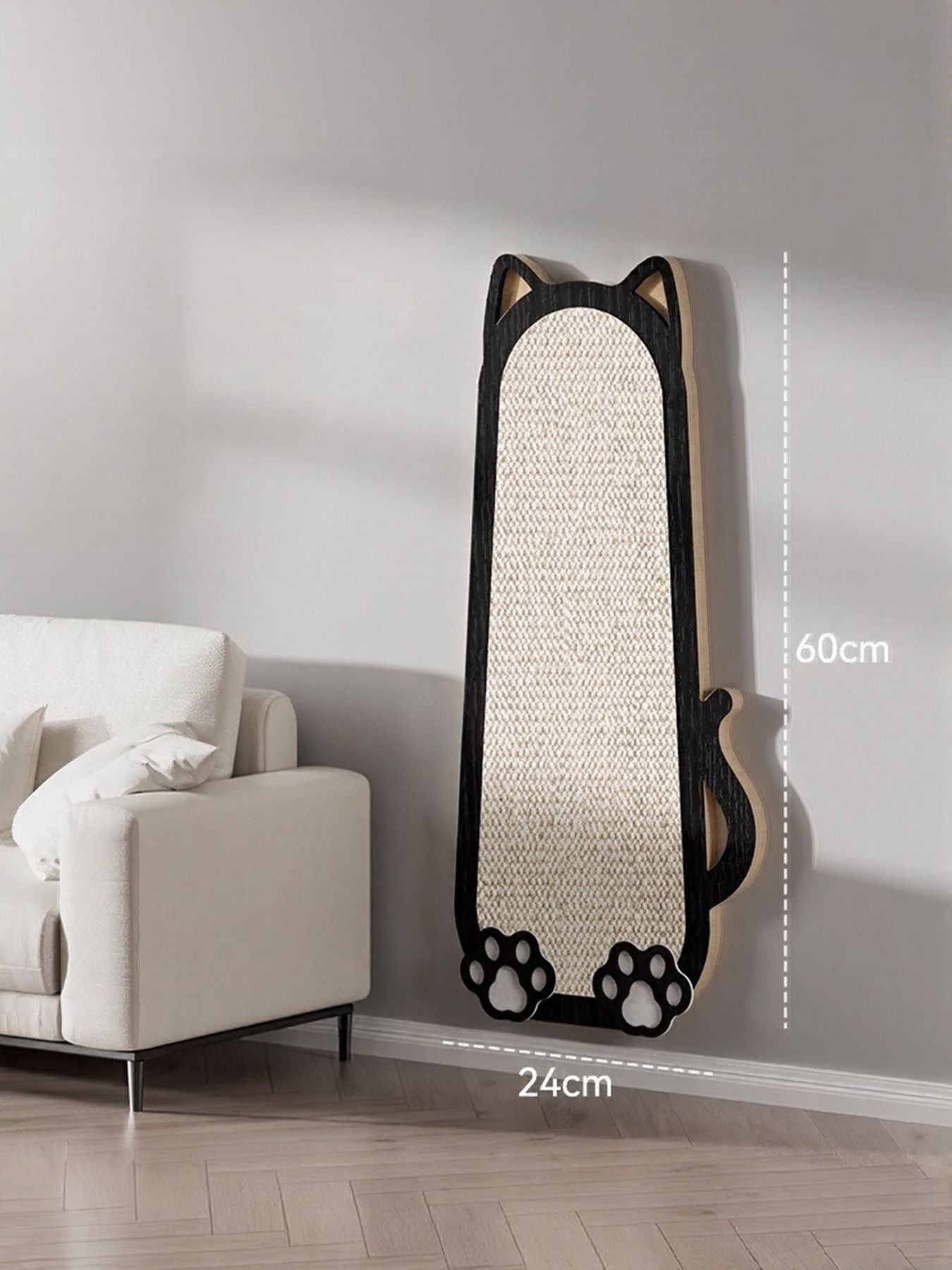 Cat scratching post standing upright with beige center and black paw-foot base