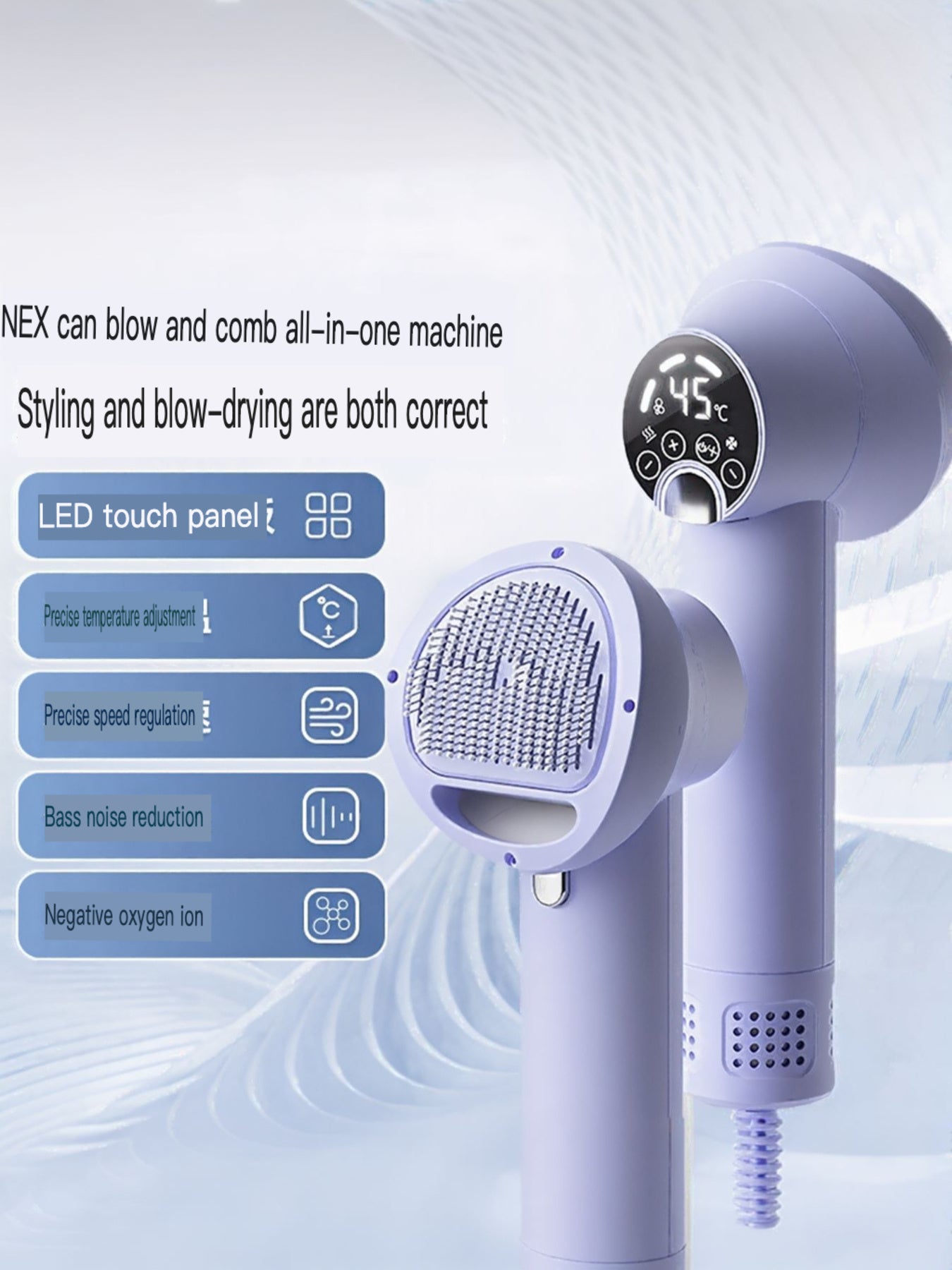 Low Noise Pet Hair Dryer & Comb, purple blow-and-comb dryer with comb head attachment
