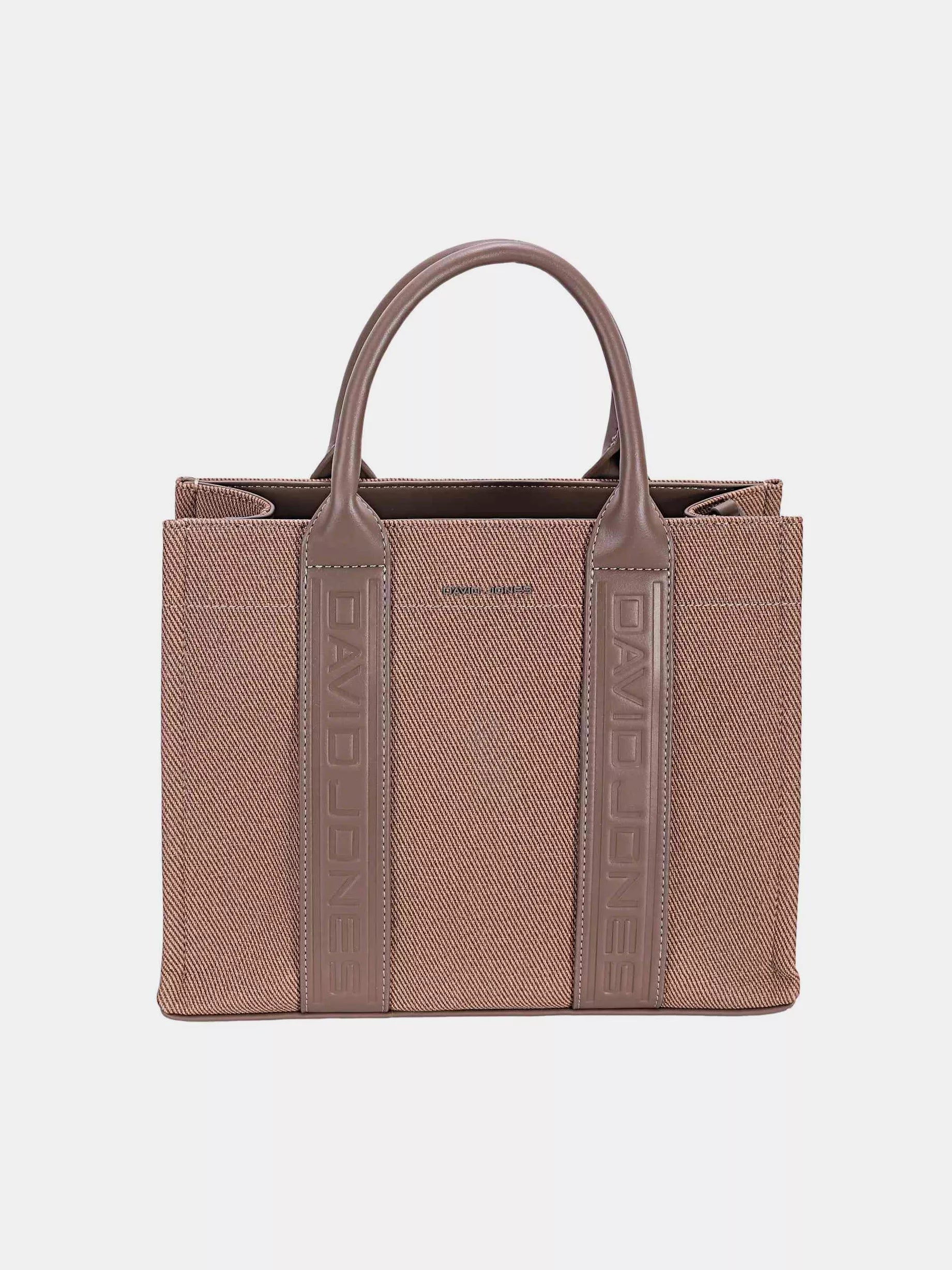 David Jones canvas tote with contrast leather handles and embossed vertical logo panels