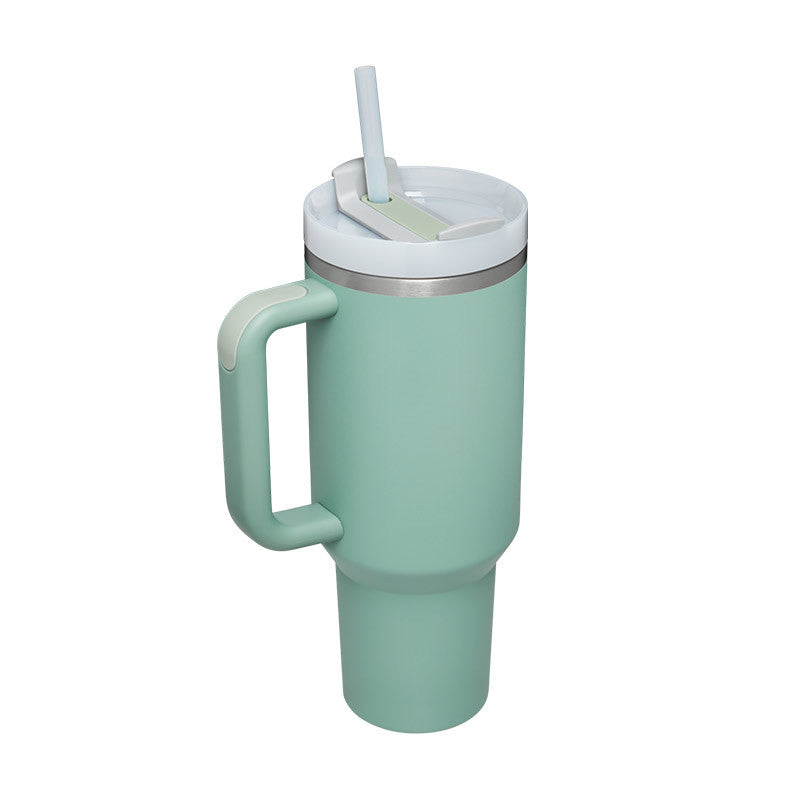 Light green 40 oz insulated tumbler with mint handle, clear straw, and lid