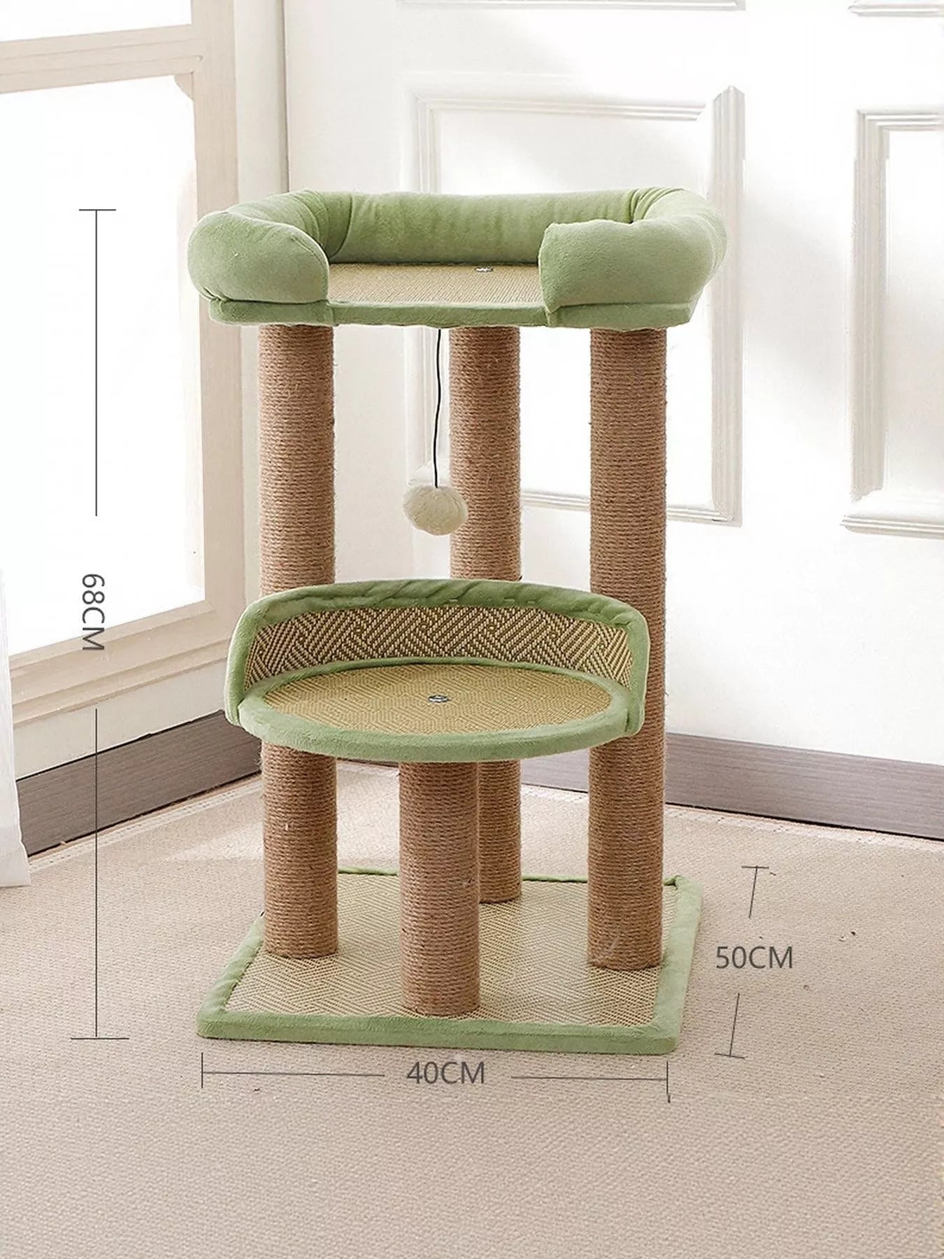 Plush cat tree condo in green with sisal scratching posts, middle bed, and top cushion