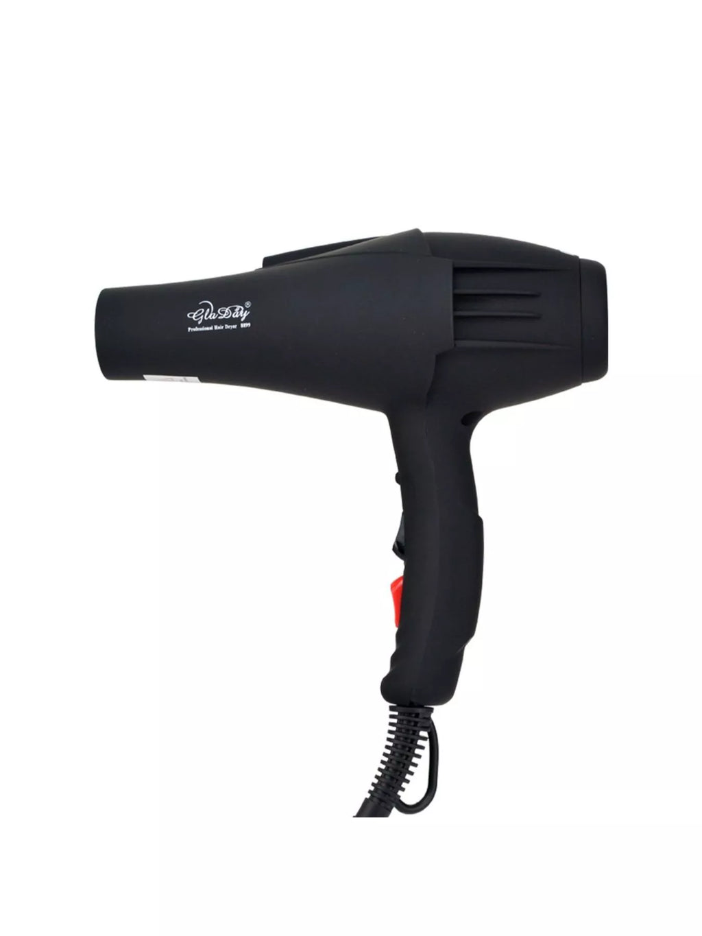 Black multi-speed hair dryer with concentrator nozzle and red control switch