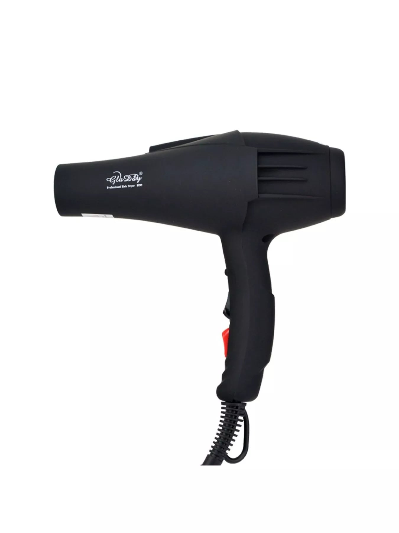 Black multi-speed hair dryer with concentrator nozzle and red control switch
