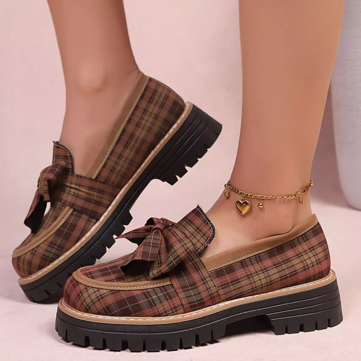 Plaid bow chunky loafers in tan with dark plaid bow and black lug sole