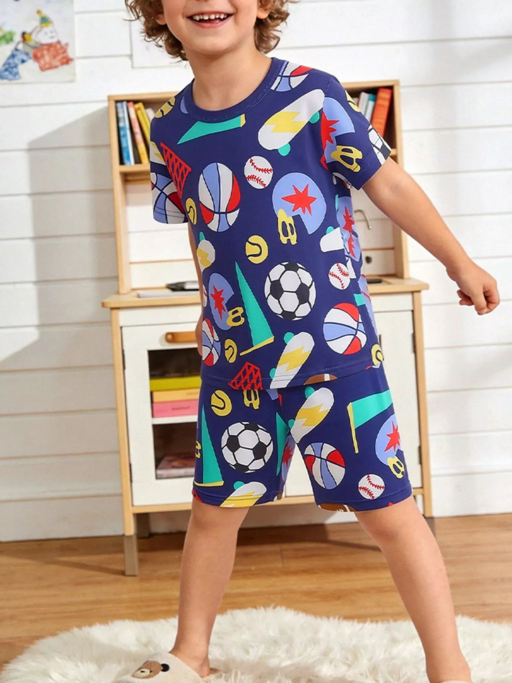 Kids sports print T-shirt and shorts set, navy with multicolor balls and stars