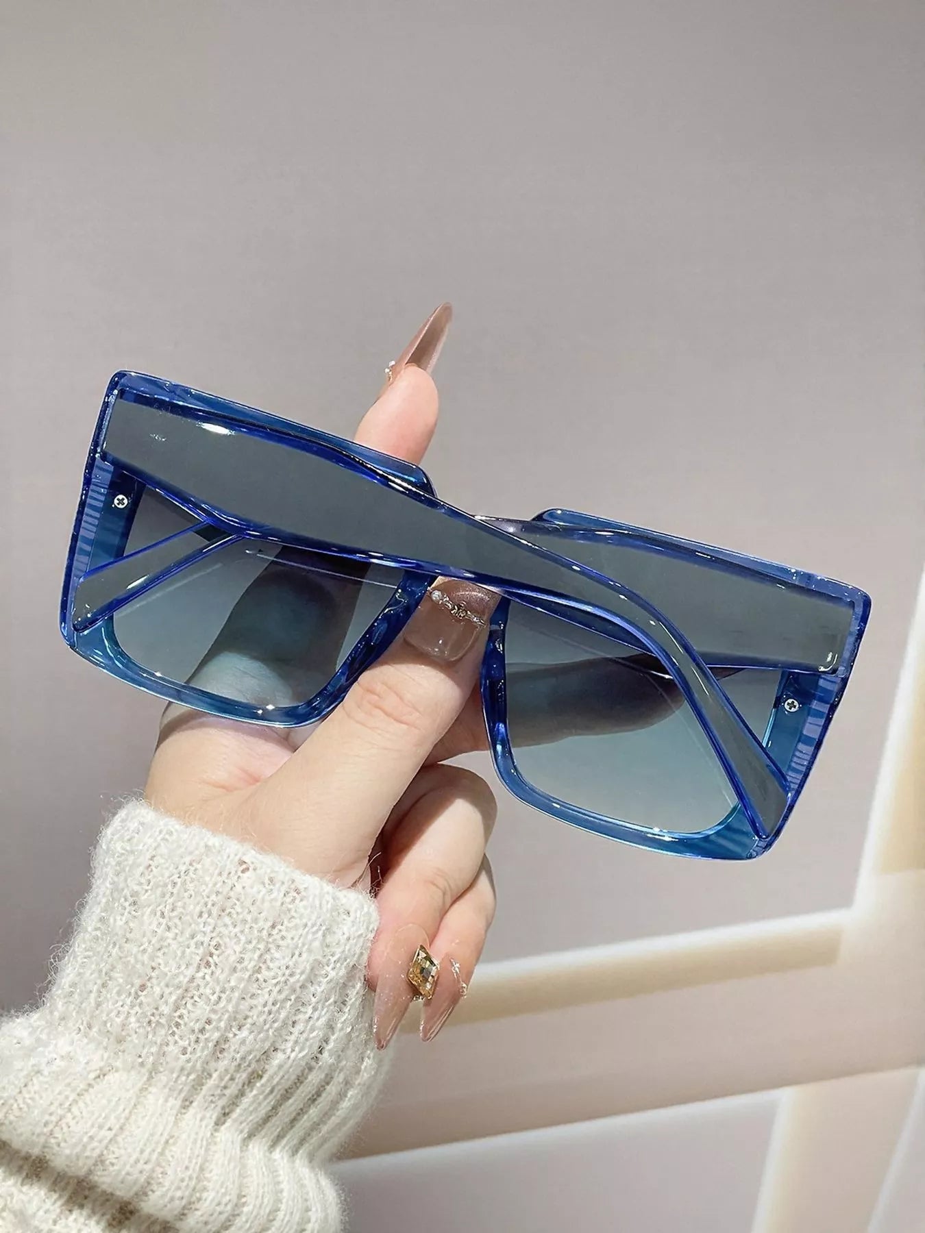 Blue gradient oversized square sunglasses, angled front view