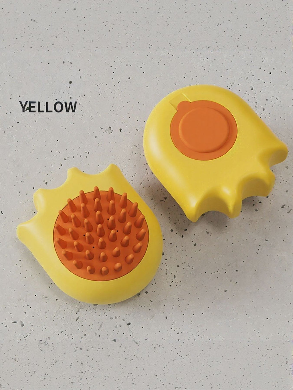 Yellow bath brush set: two yellow grooming pads with orange spiky bristles