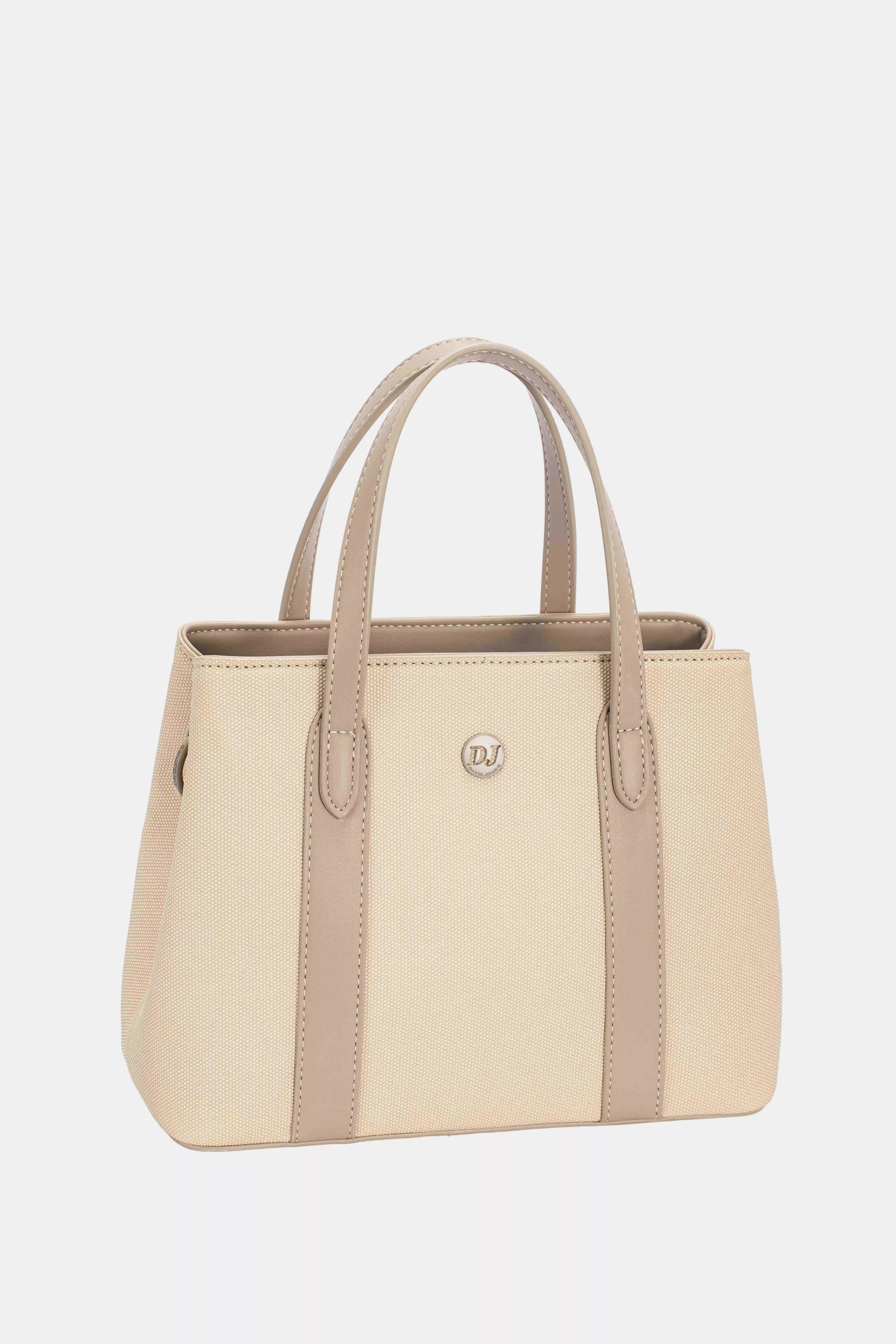 Warm taupe canvas handbag with leather trim, central logo and structured tote shape