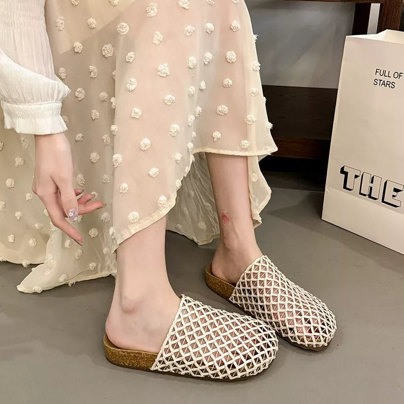 Woven mesh slip-on sandals, white lattice mesh, low cork-look wedge heel