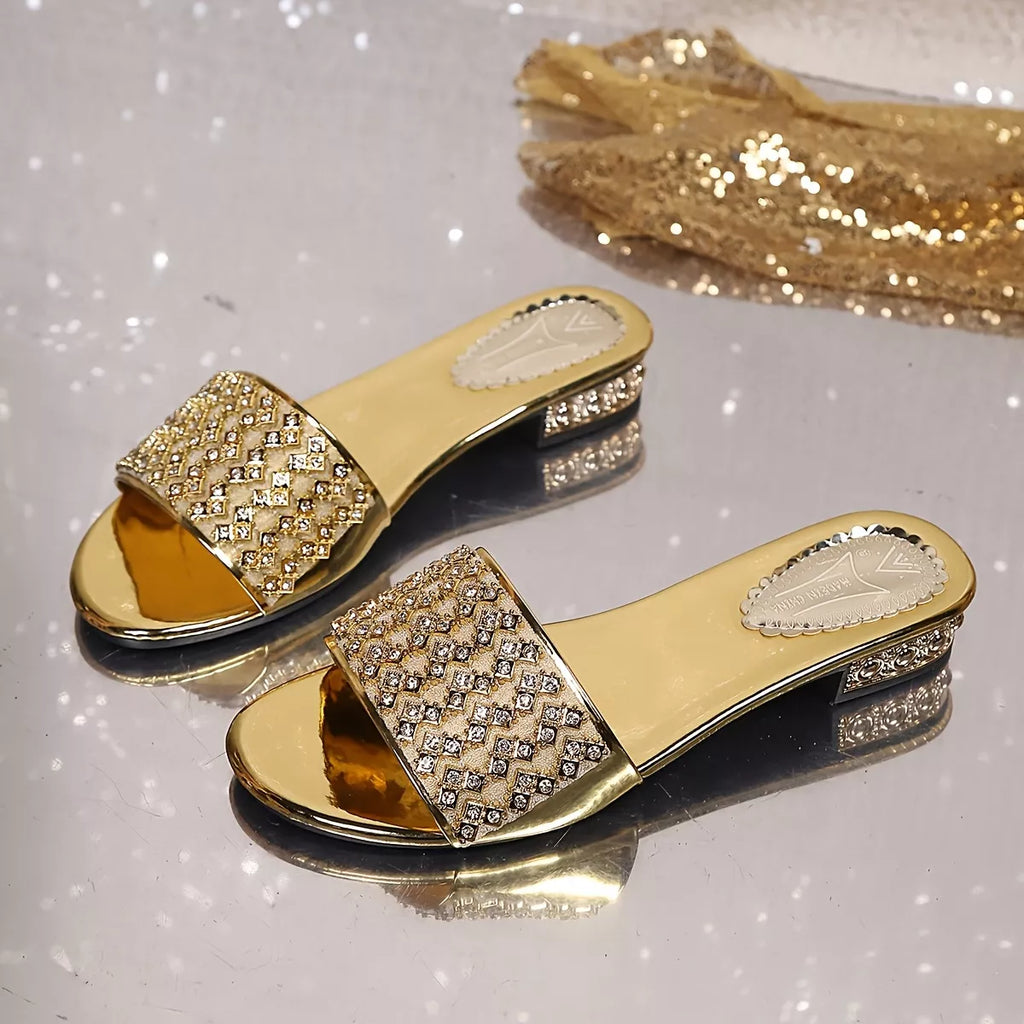 Trendsi gold open-toe block heel sandals with jeweled straps and black heel blocks