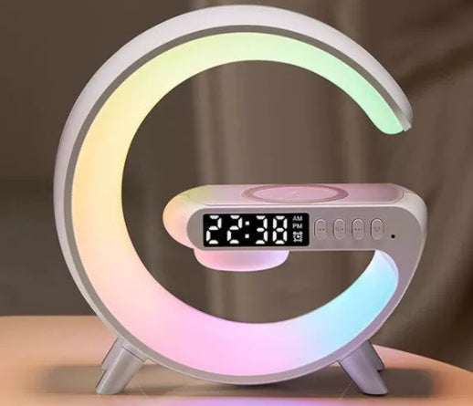 White G-shaped LED lamp with rainbow ring light and digital clock display.