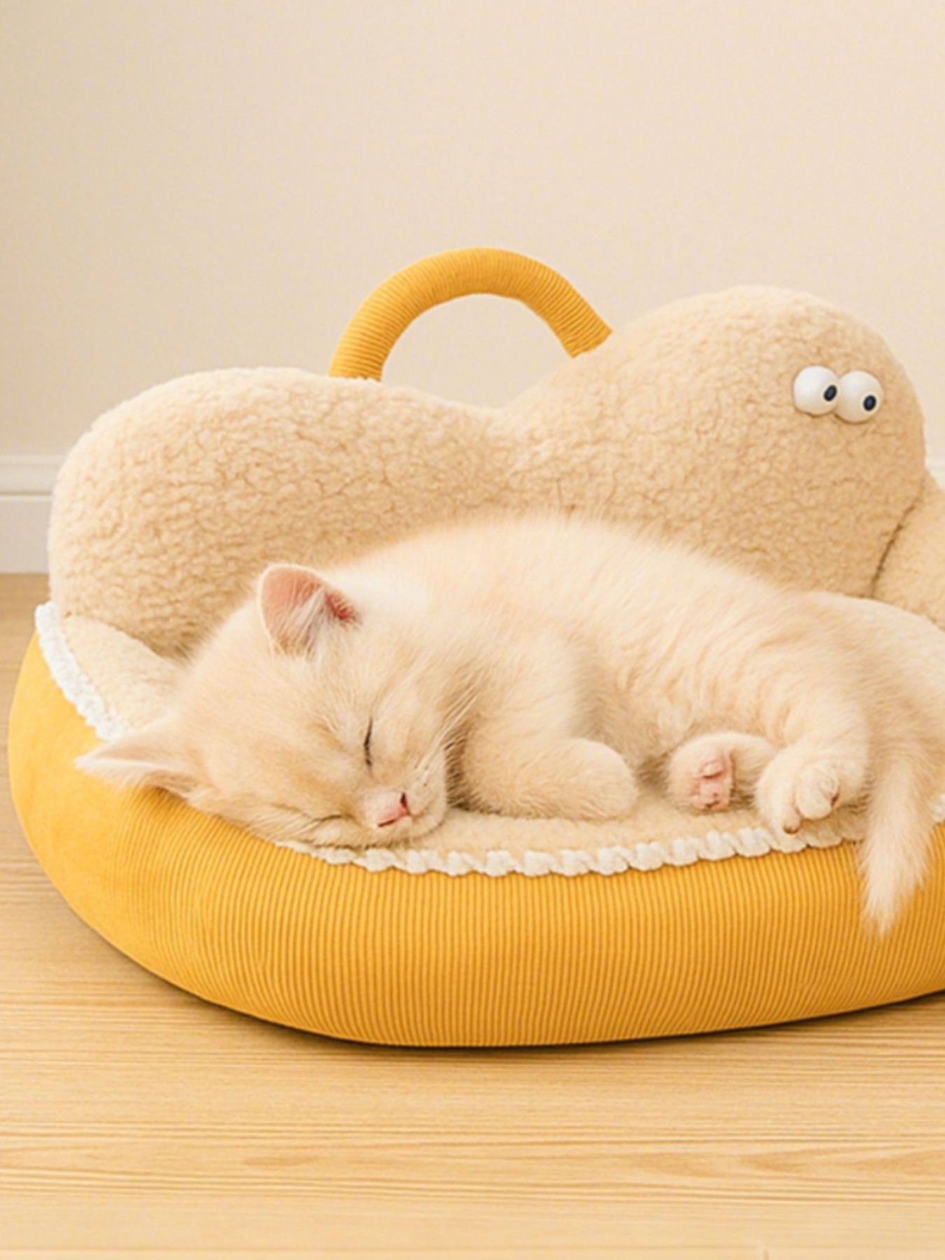 Cartoon cozy pet nest in ginger-yellow, with teddy face and side handle
