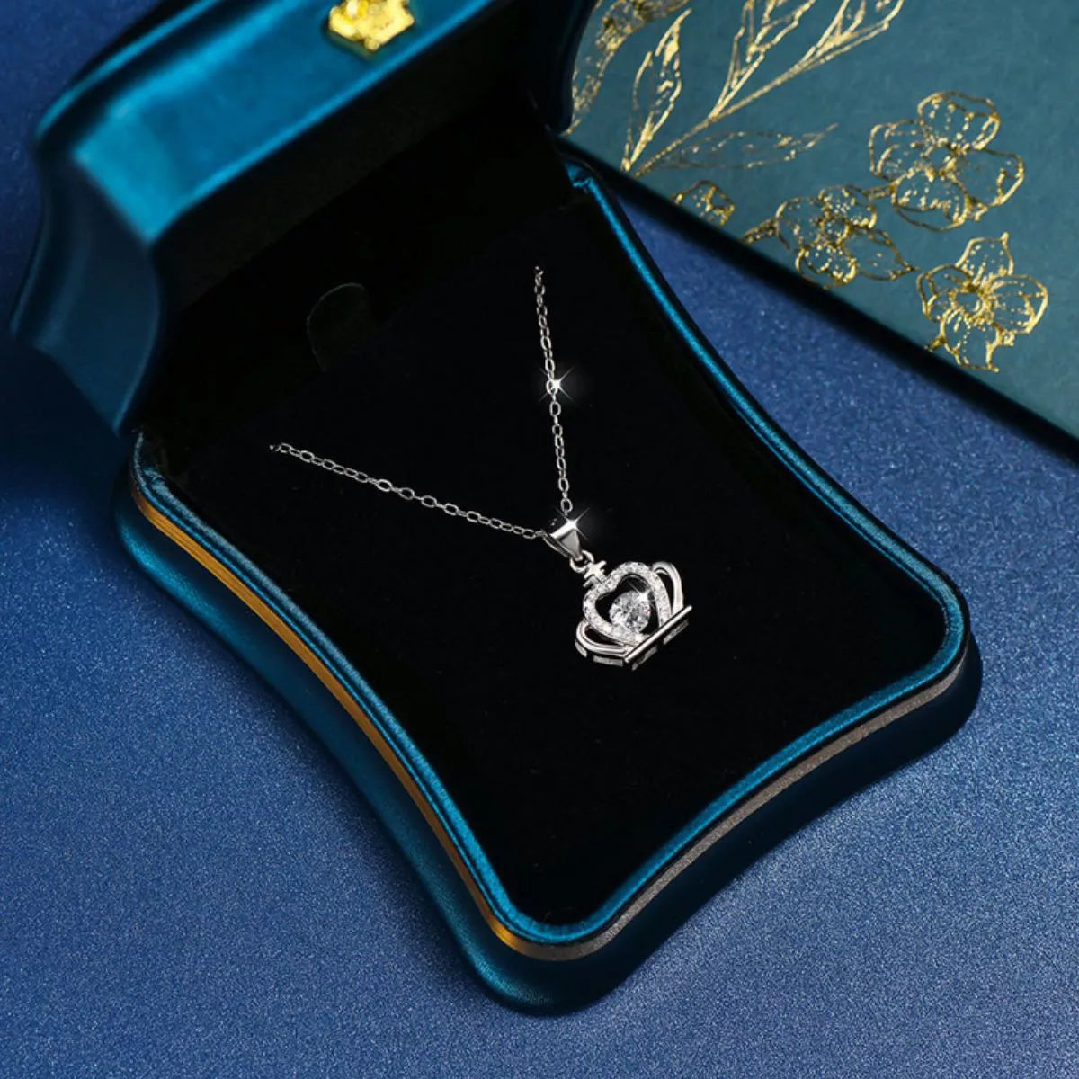 Sterling silver crown zircon pendant necklace with chain, in gift box