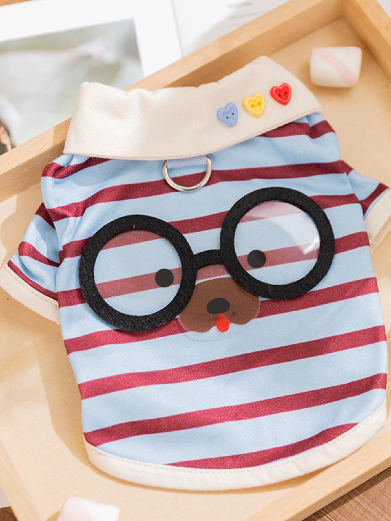 Blue striped Cartoon Pet Tank with bear face applique and collar ring