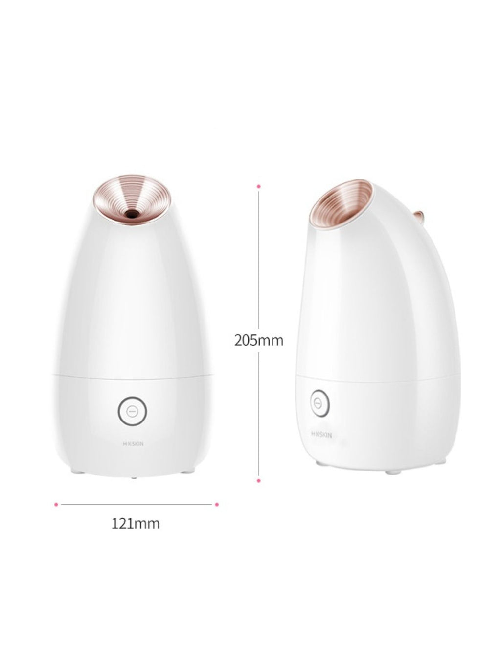Two white facial steamers with rose-gold nozzles, 121mm and 205mm tall comparison