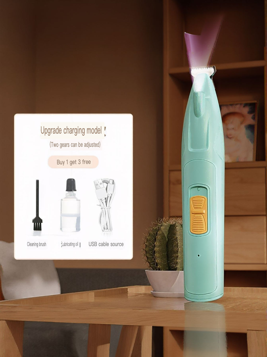 Upgraded rechargeable pet paw trimmer in teal/green with LED, upright