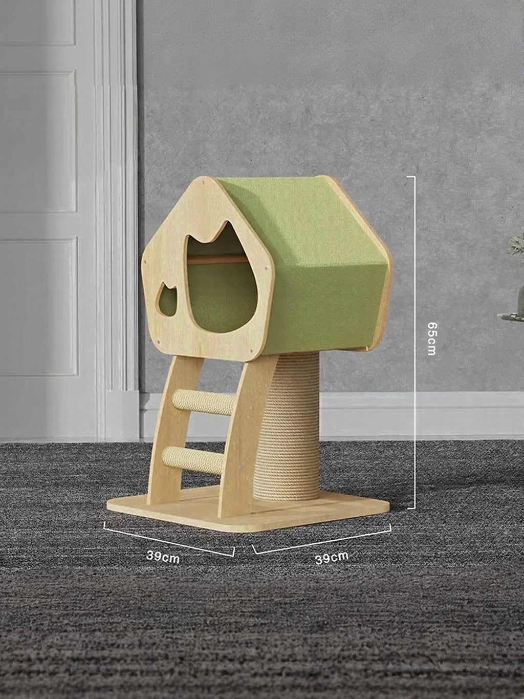 Wooden cat condo with green house on sisal post; 39cm base and 65cm height shown