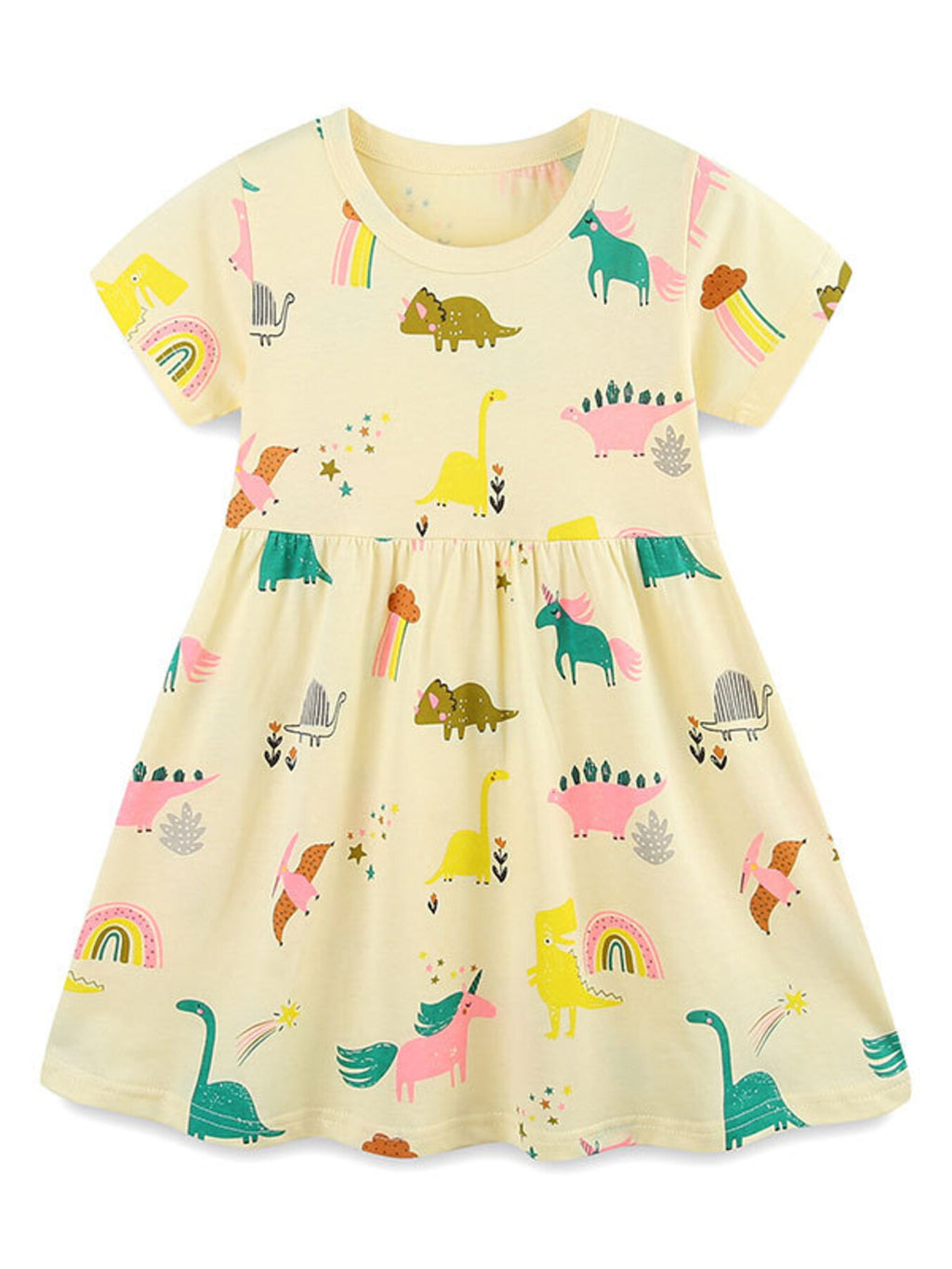 Pastel yellow dinosaur print casual dress, gathered waist, short sleeves