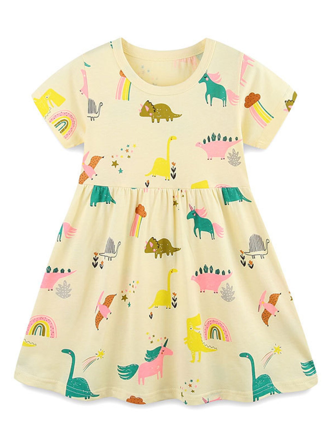Pastel yellow dinosaur print casual dress, gathered waist, short sleeves