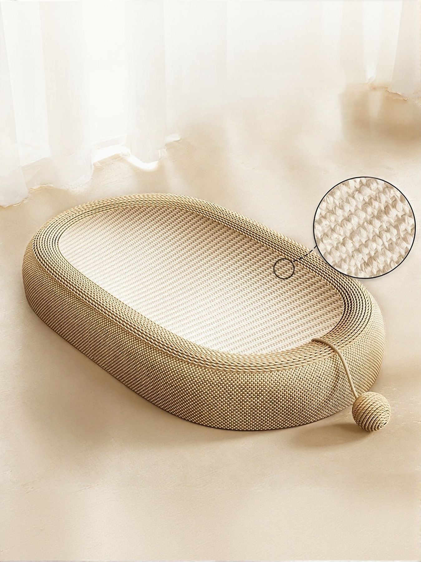 Beige oval cat scratching bed with spiral weave detail and rope ball on the edge