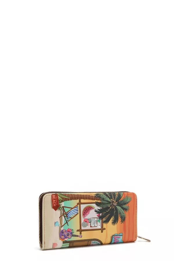 Zip-around wallet with sun-and-sand beach print and contrast zipper trim