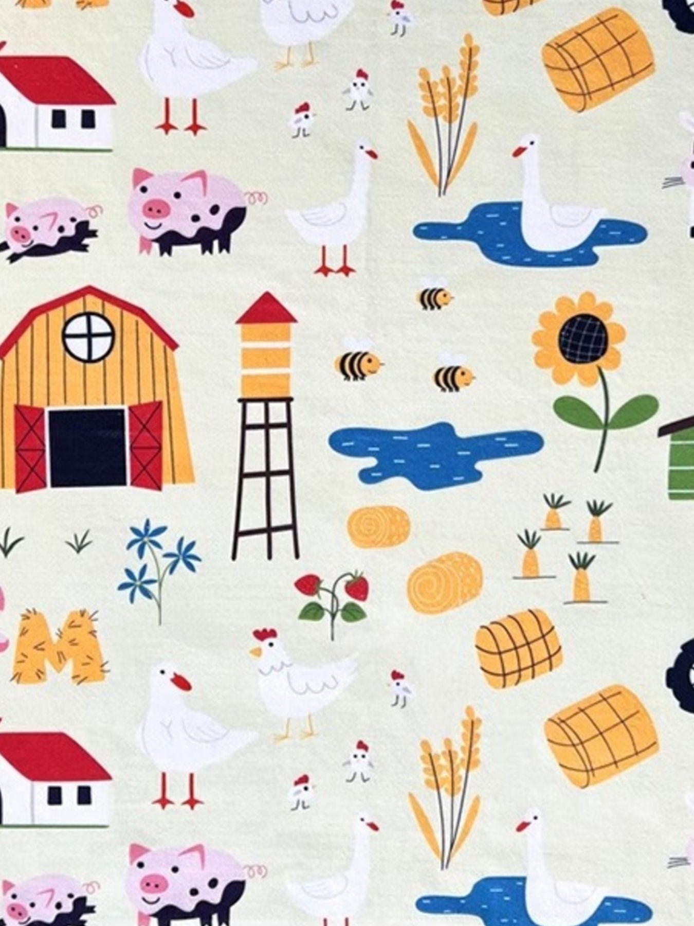 Cartoon pet bath towel fabric with farm scenes: animals, barns, flowers, and clouds