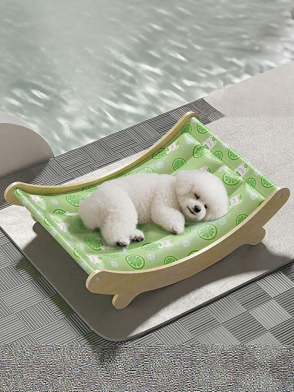 Pet Ice Nest, grüner Liegestuhl mit Katzenkopf-Muster und weißem Plüsch