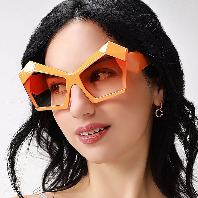 Tangerine oversized geometric sunglasses, wide angular frame and nose bridge